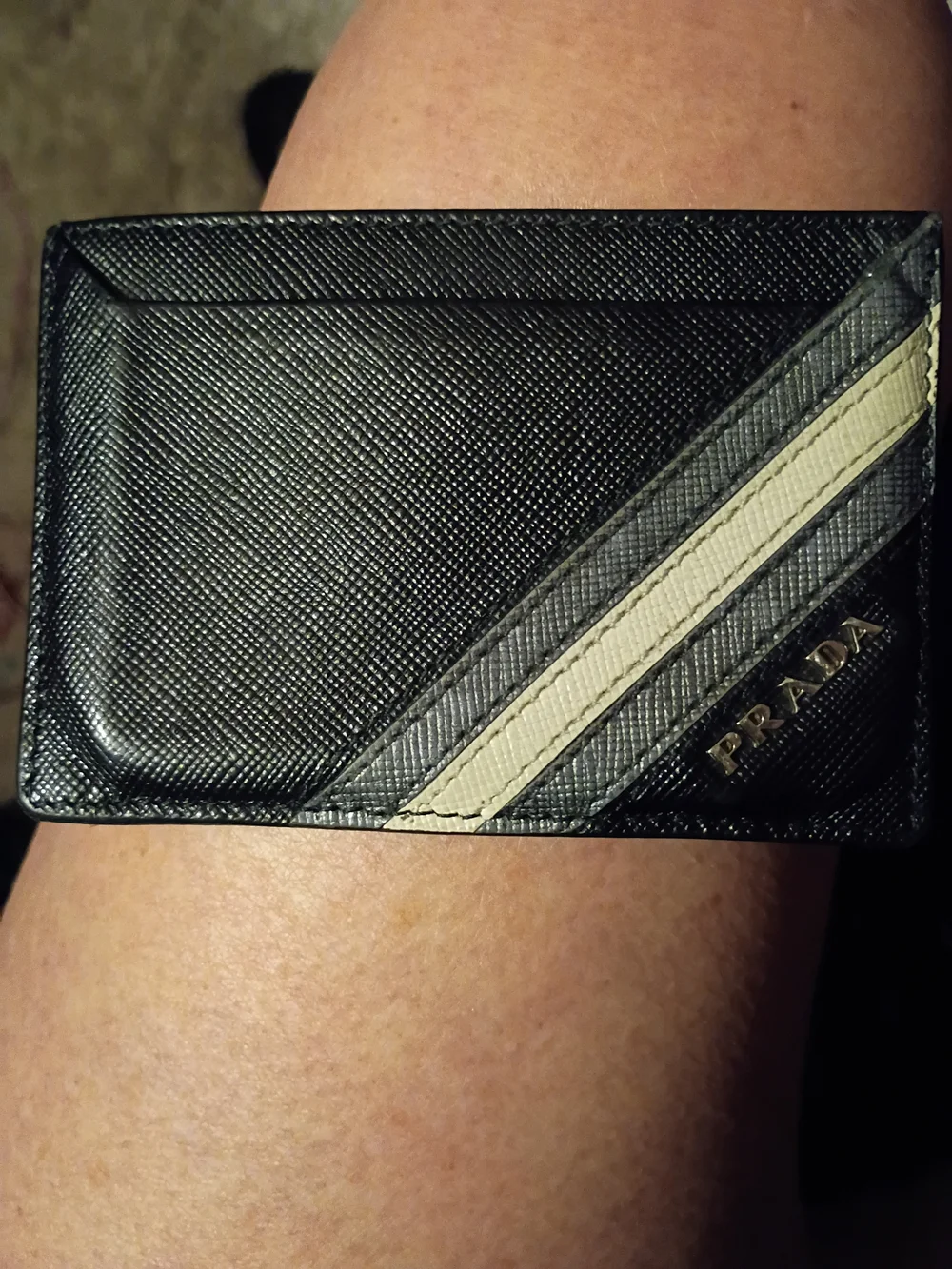 Prada Black Saffiano Leather Card Holder with Cream & Gray Stripe
